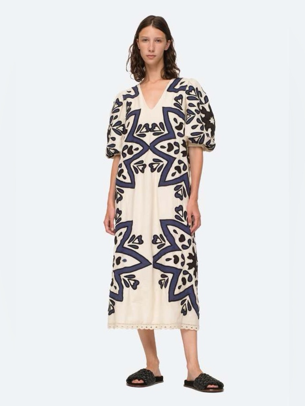Sea Kaia Kaleidoscope-Appliqué Puff Sleeve Midi Dress